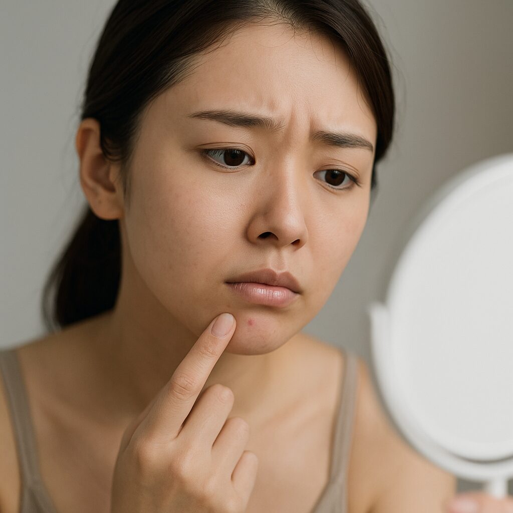 ブラスとシャイニーニキビを気にする女性