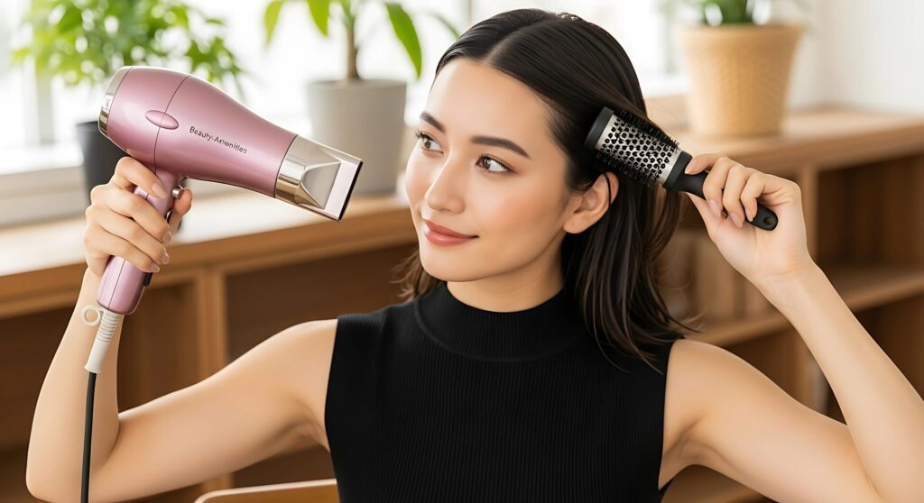 ヘアブラシを使って髪をセットしているハーフ女性