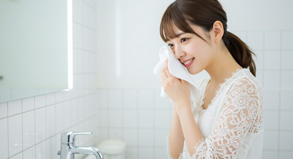 洗顔後顔を拭いている女性