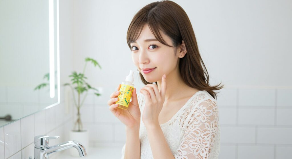 美容液を顔に塗っている女性
